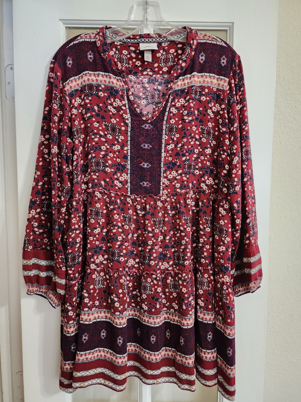 Knox Rose XL Red Floral Tiered Boho Tunic Top Long Sleeve Rayon